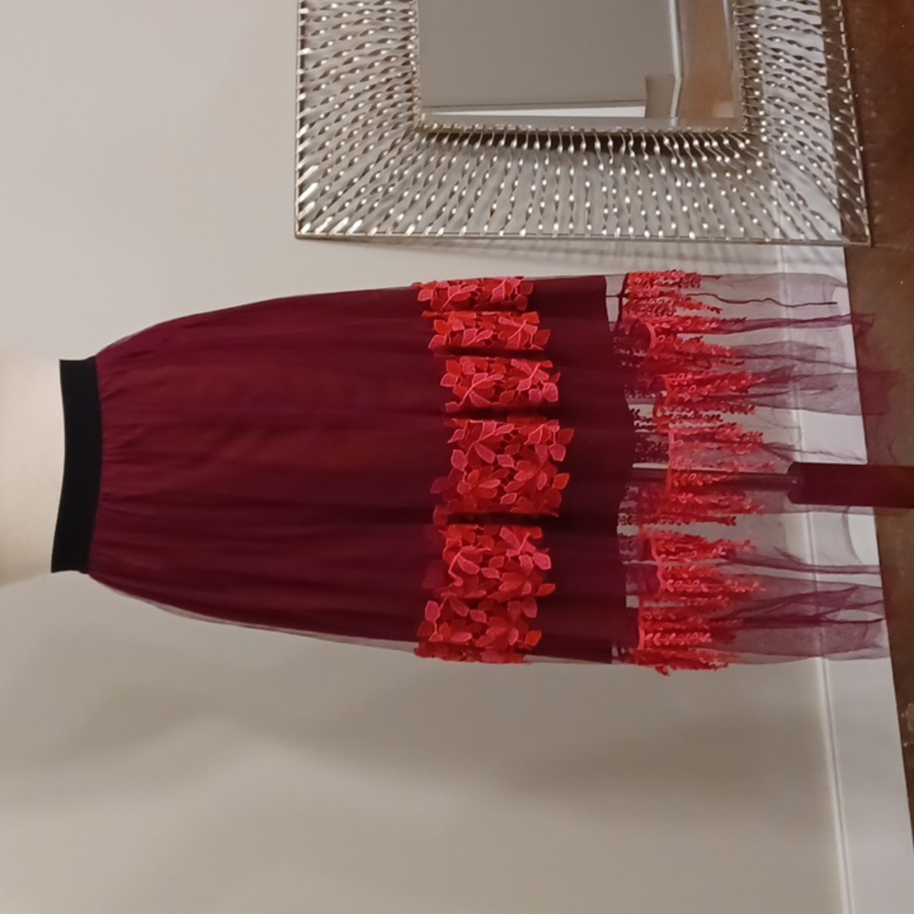 Pinko skirt tulle organza merlot pink red embroidered midi lined skirt tutu 2